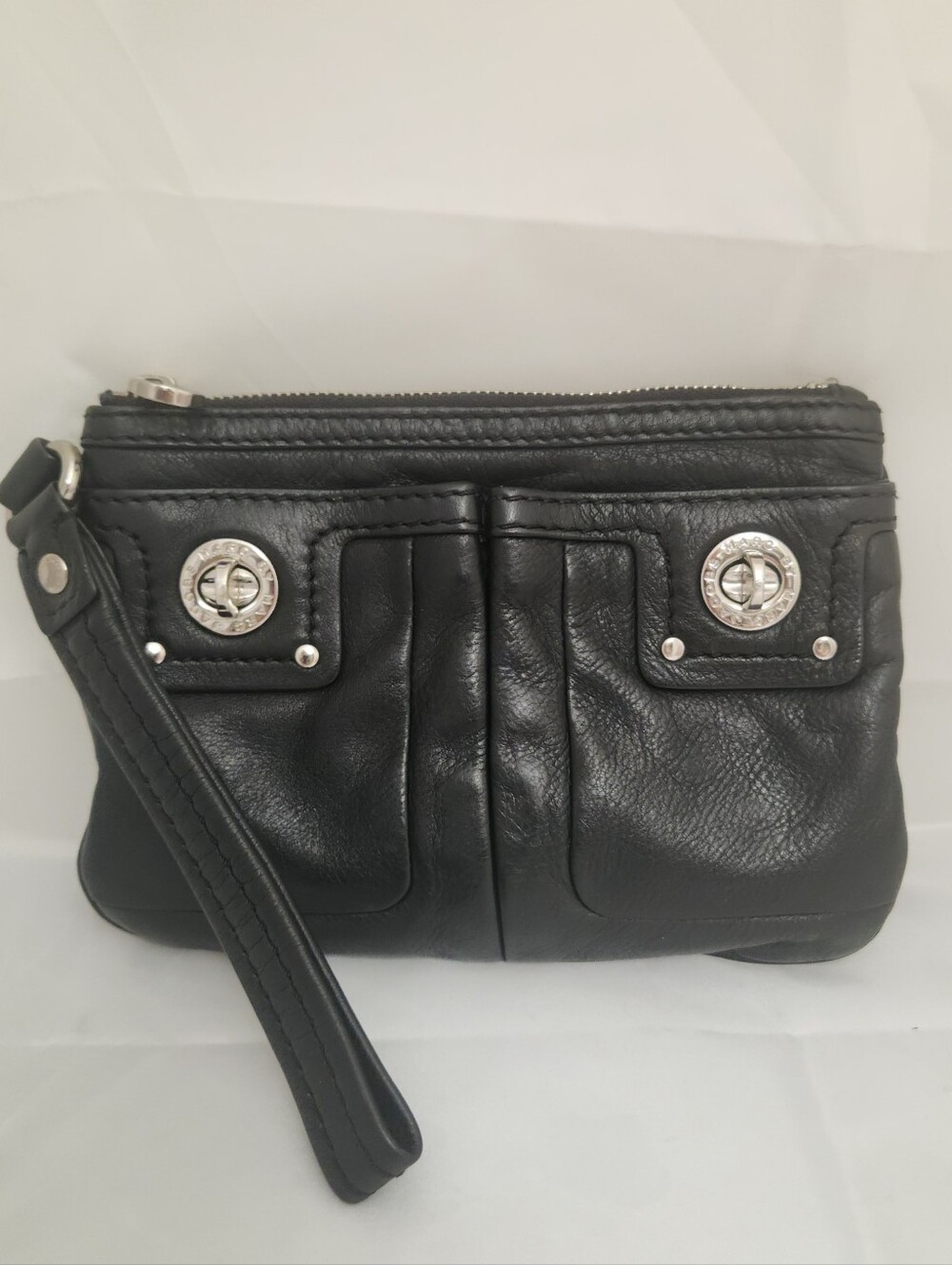 Marc By Marc Jacobs Black Leather Wristlet Clutch with Silver Accents